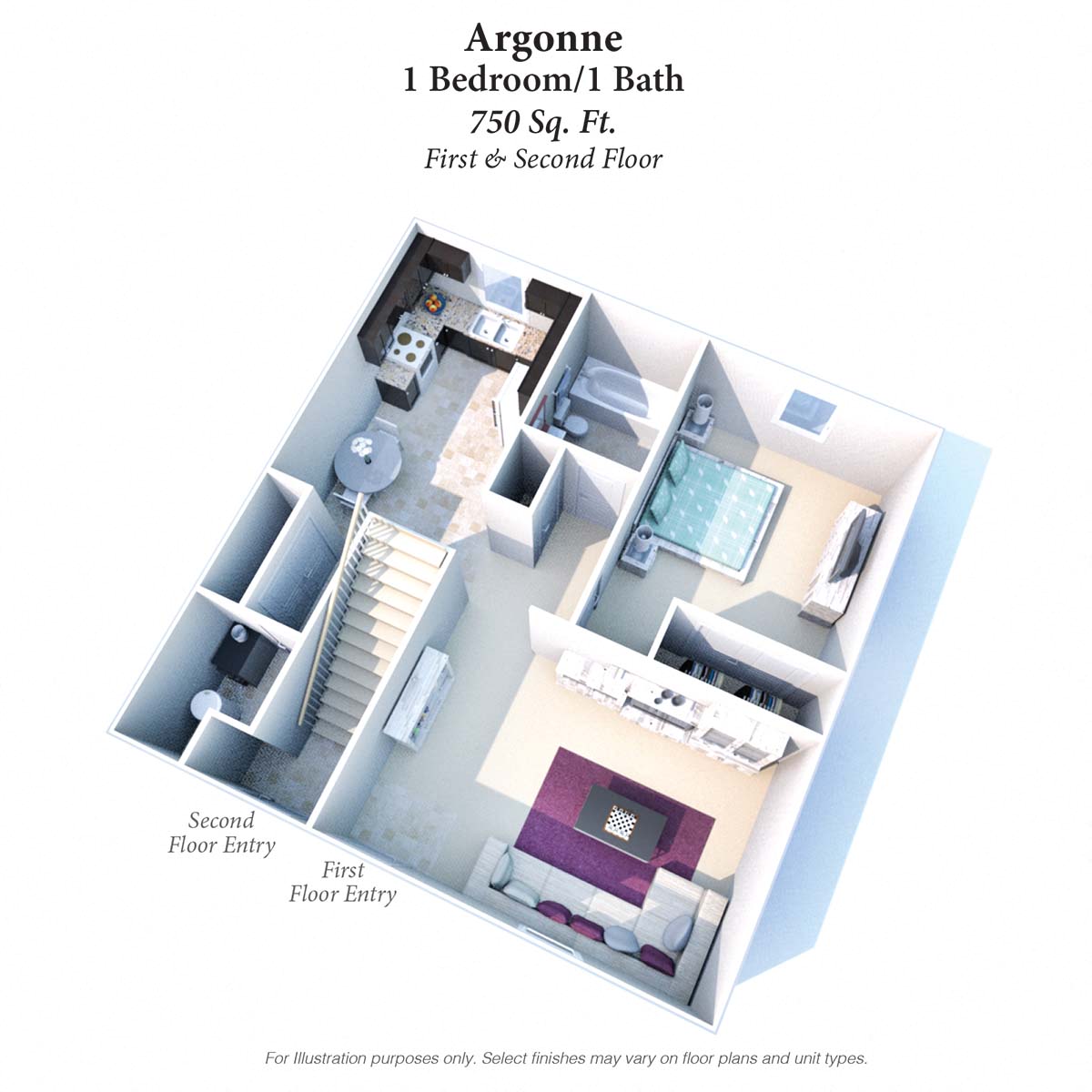 Floor plan for 1 bed, 1 bath, 750 sqft